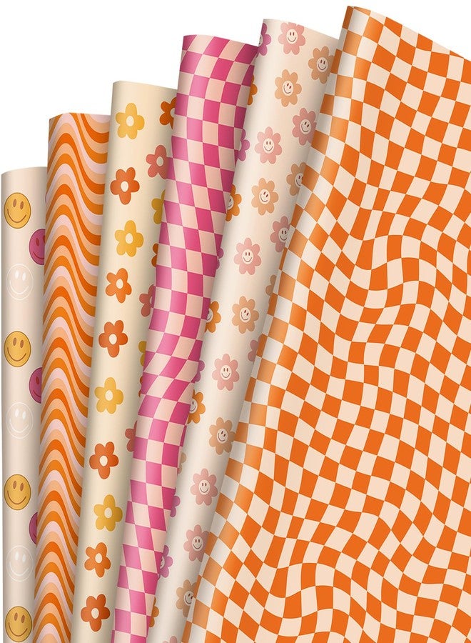 Whaline 12Pcs Retro Groovy Wrapping Paper Boho Daisy Face Checkered Gift Wrap Bulk Art Paper Folded Flat for Baby Shower Birthday Wedding DIY Crafts Gift Packing, 19.7 x 27.6 Inch - Image 1